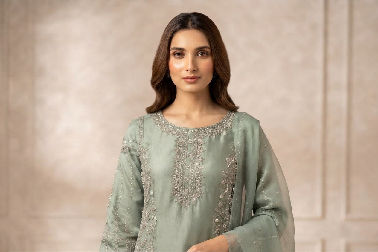 Sage Green Embroidered Palazzo Suit