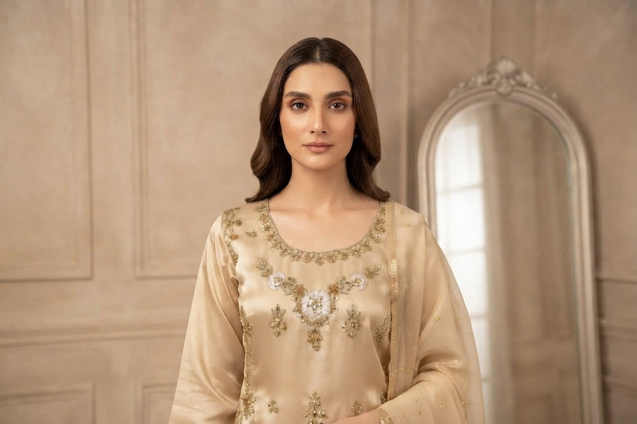 Golden Satin Embroidered Salwar Suit