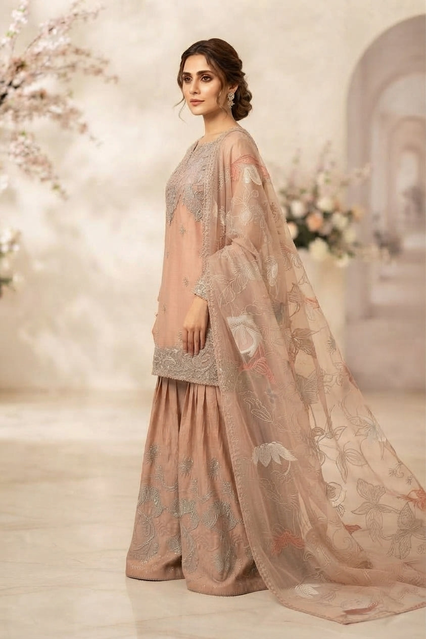 Blush Peach Embroidered Gharara Suit