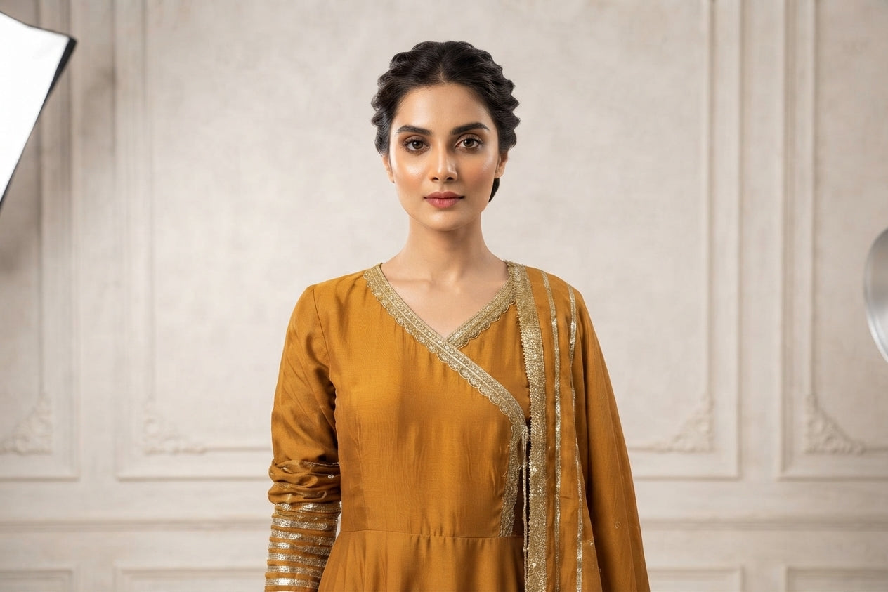 Mustard Angrakha Frock Suit