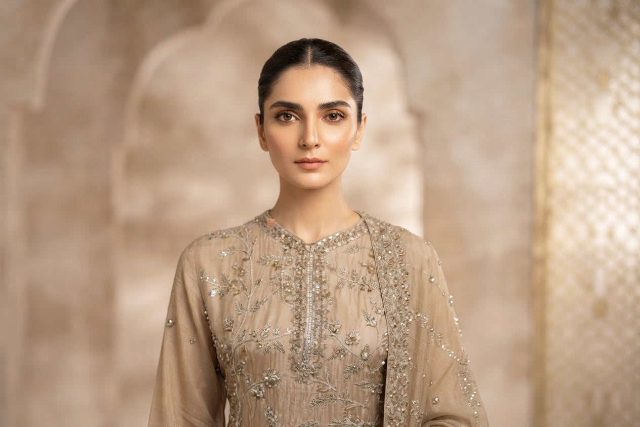 Sand Beige Beaded Straight Pants Suit