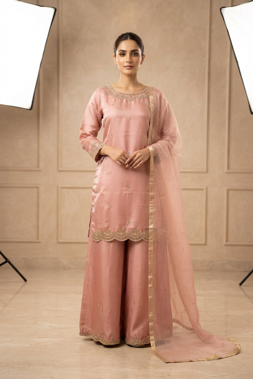 Dusty Rose Scalloped Palazzo Suit