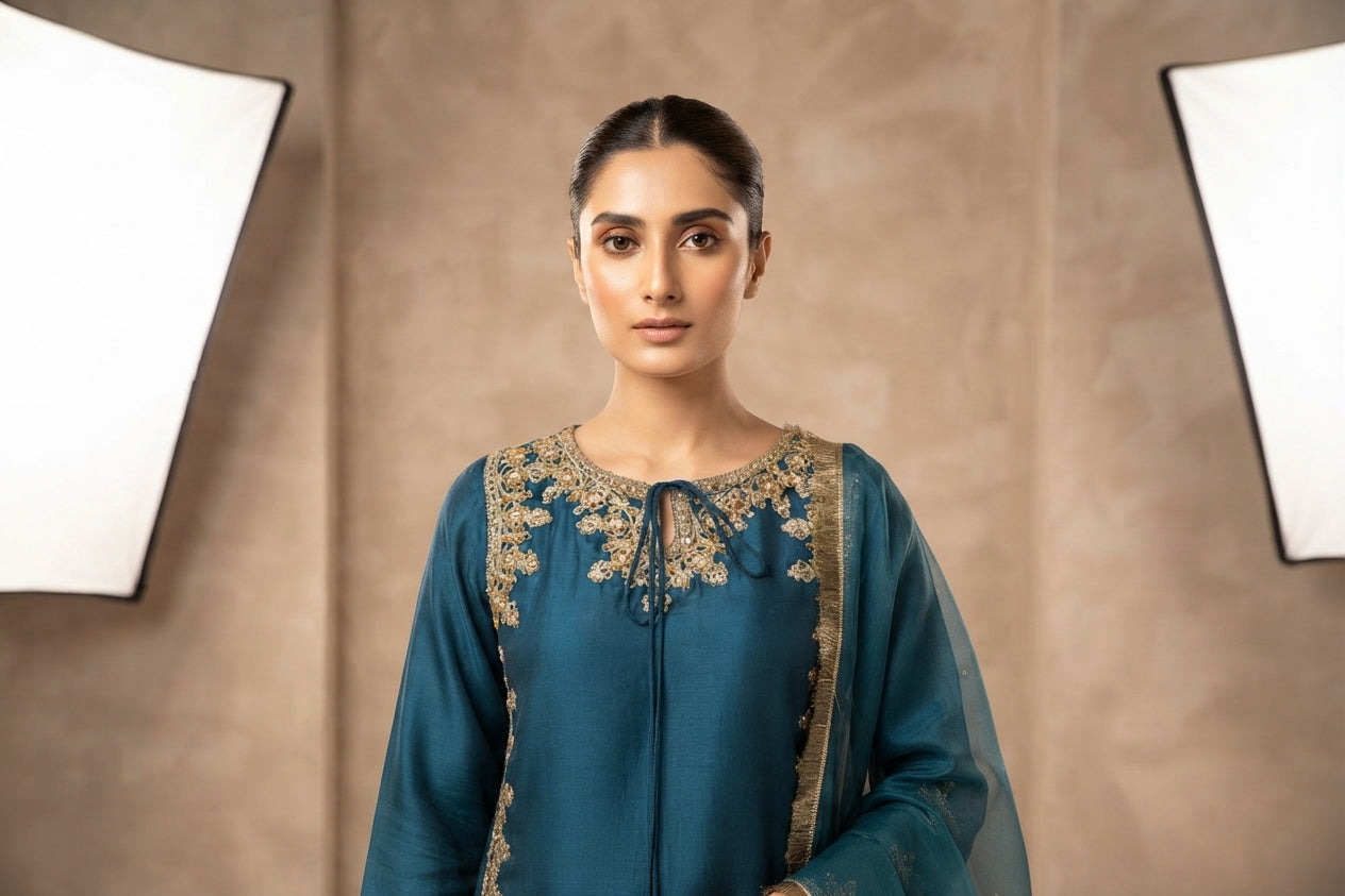 Teal Blue Embroidered Palazzo Suit
