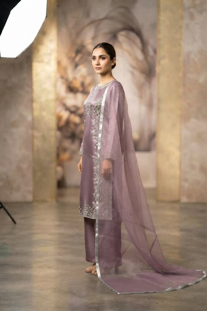 Mauve Satin Embroidered Palazzo Suit