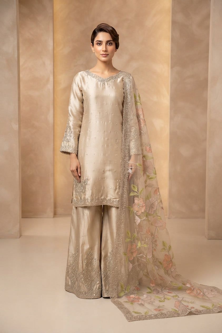 Champagne Gold Floral Dupatta Palazzo Suit