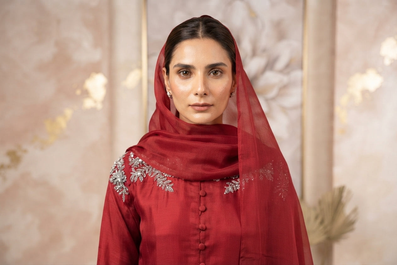Crimson Red Button-Front Palazzo 3-Piece Suit