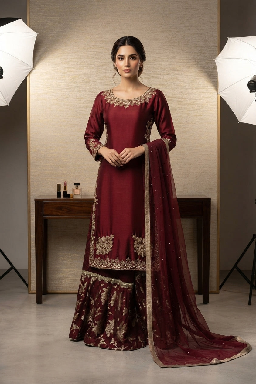 Maroon Gold Printed Gharara Suit