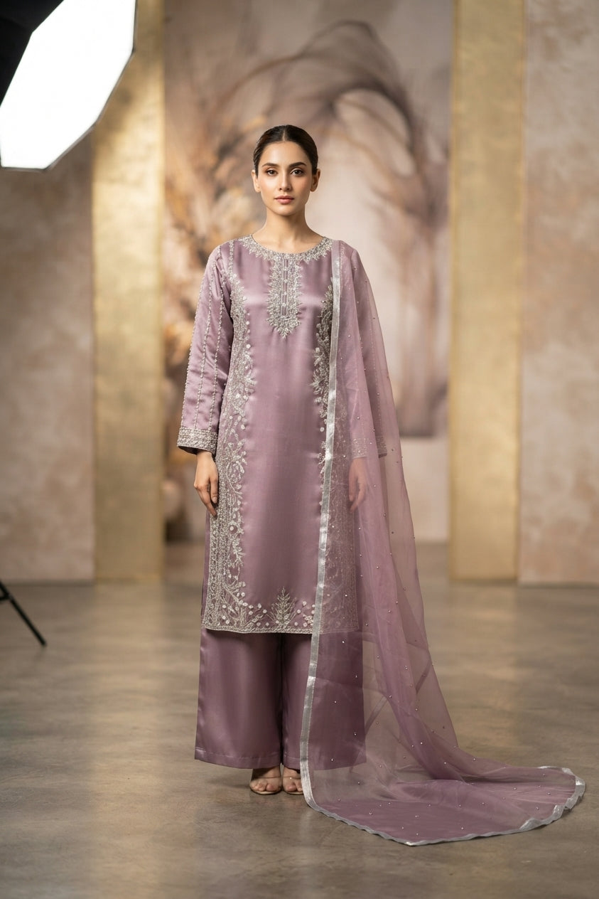 Mauve Satin Embroidered Palazzo Suit