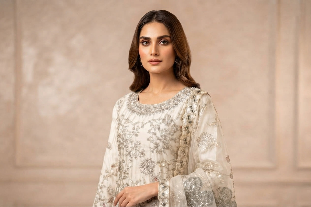 Ivory Floral Embroidered Sharara Suit