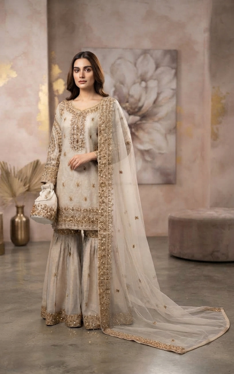 Dusty Rose Gold Embellished Sharara 3-Piece Suit