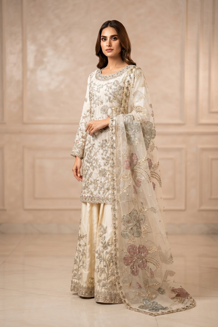 Ivory Floral Embroidered Sharara Suit