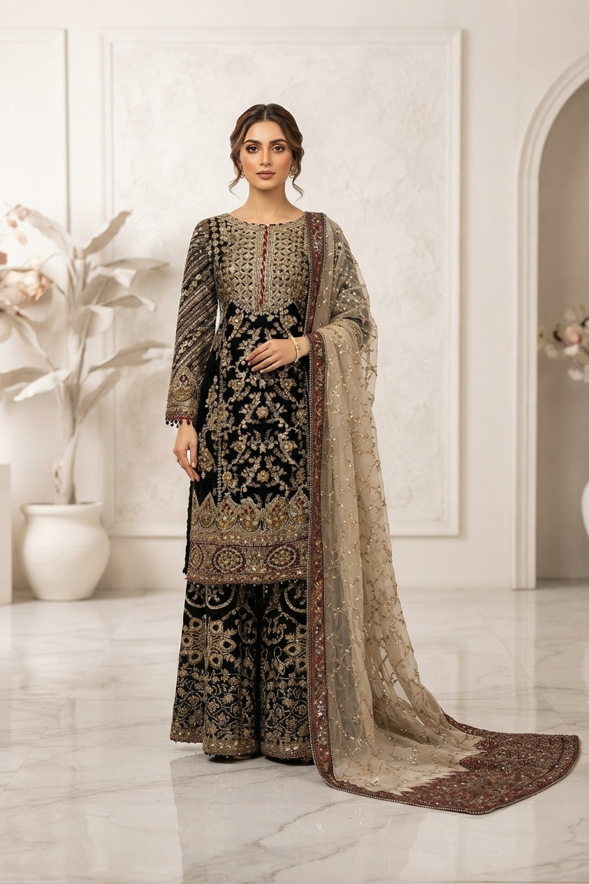 Black  Heavy Embroidered Sharara Suit