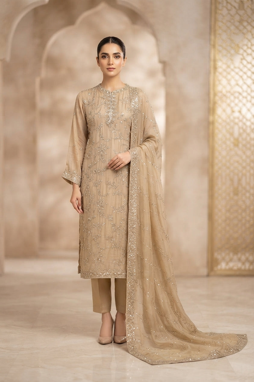 Sand Beige Beaded Straight Pants Suit
