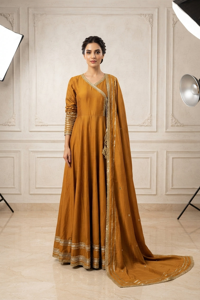 Mustard Angrakha Frock Suit