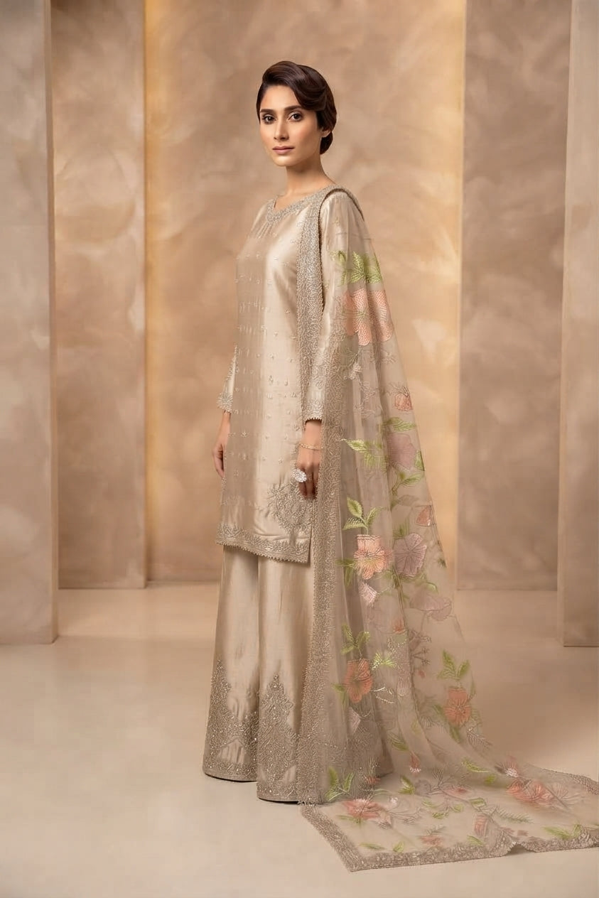 Champagne Gold Floral Dupatta Palazzo Suit