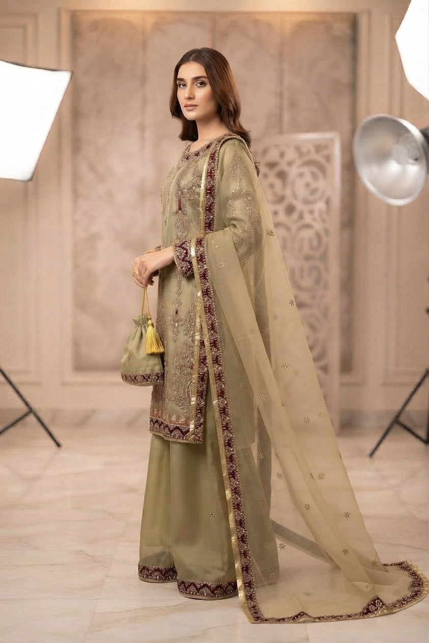 Olive Green Maroon Border Palazzo Suit