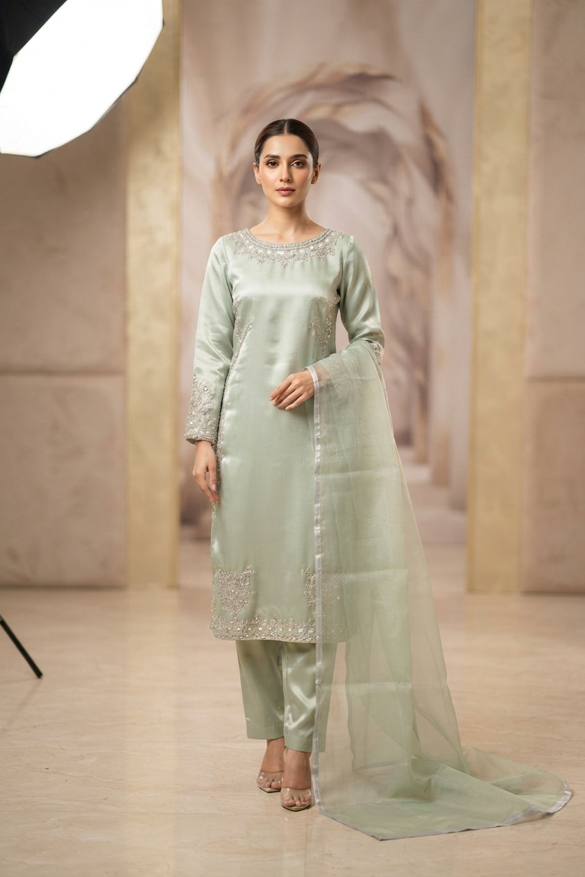 Mint Satin Straight Pants Suit