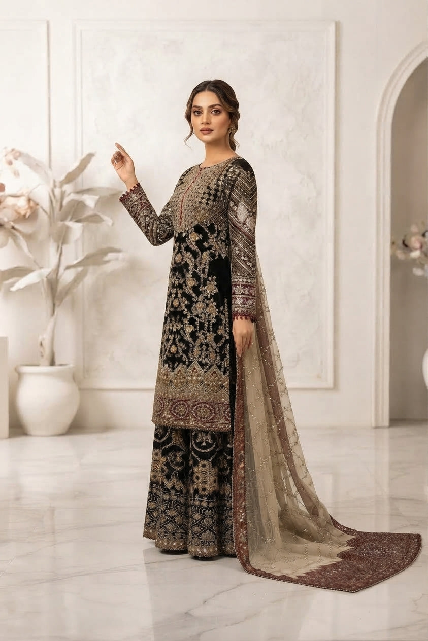 Black  Heavy Embroidered Sharara Suit