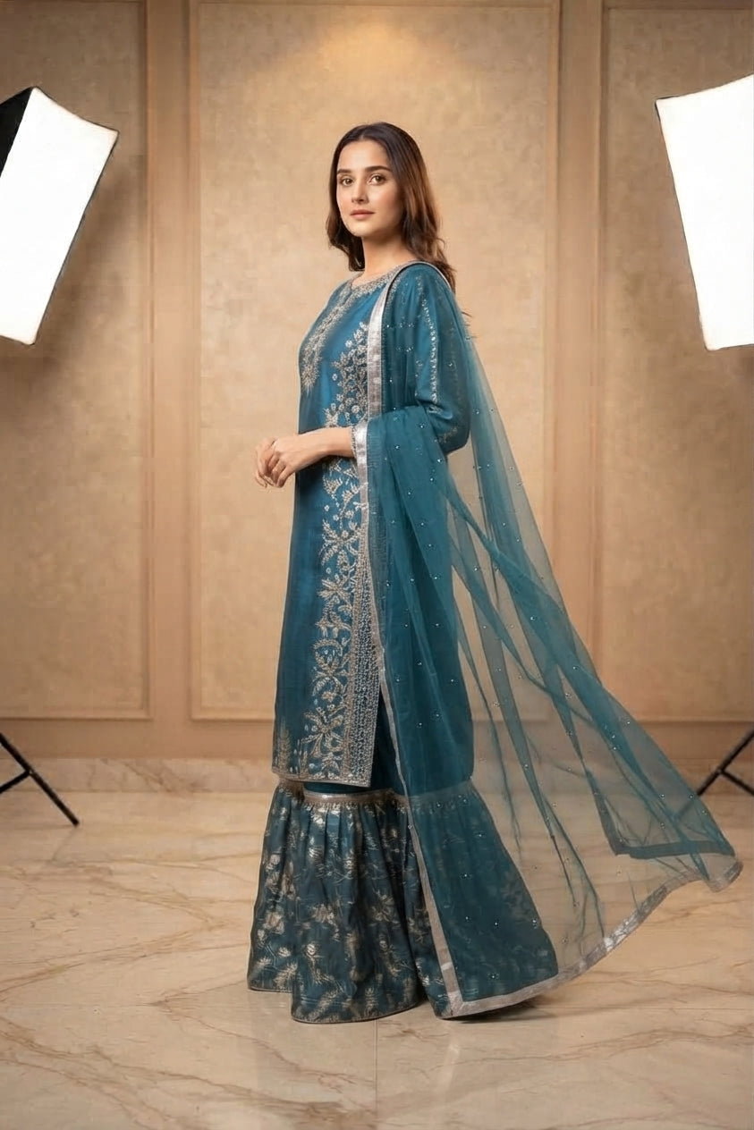 Teal Blue Printed Gharara Suit