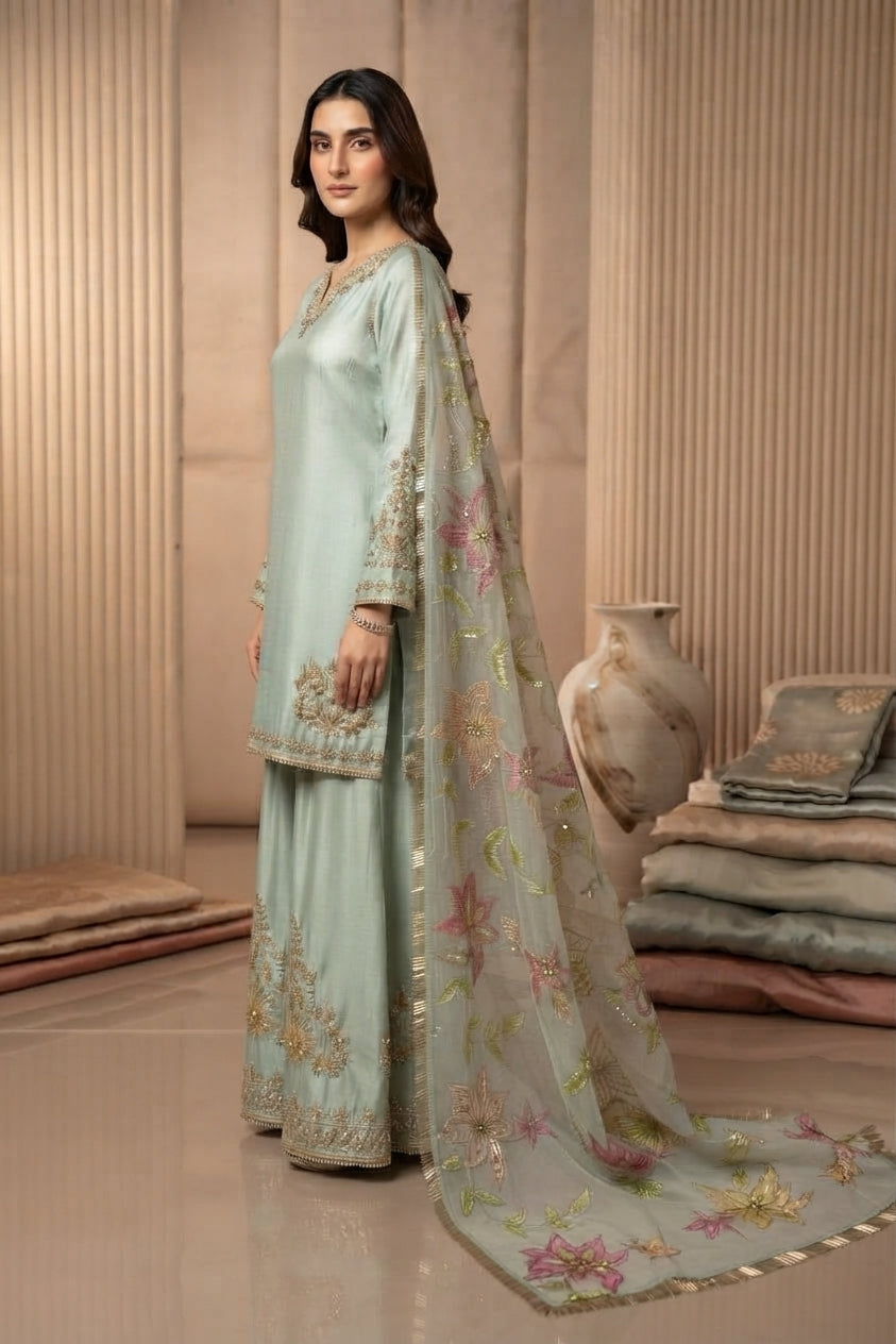 Mint Green Embroidered Sharara Suit