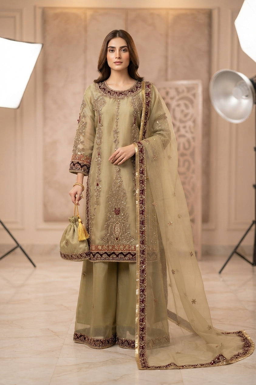 Olive Green Maroon Border Palazzo Suit