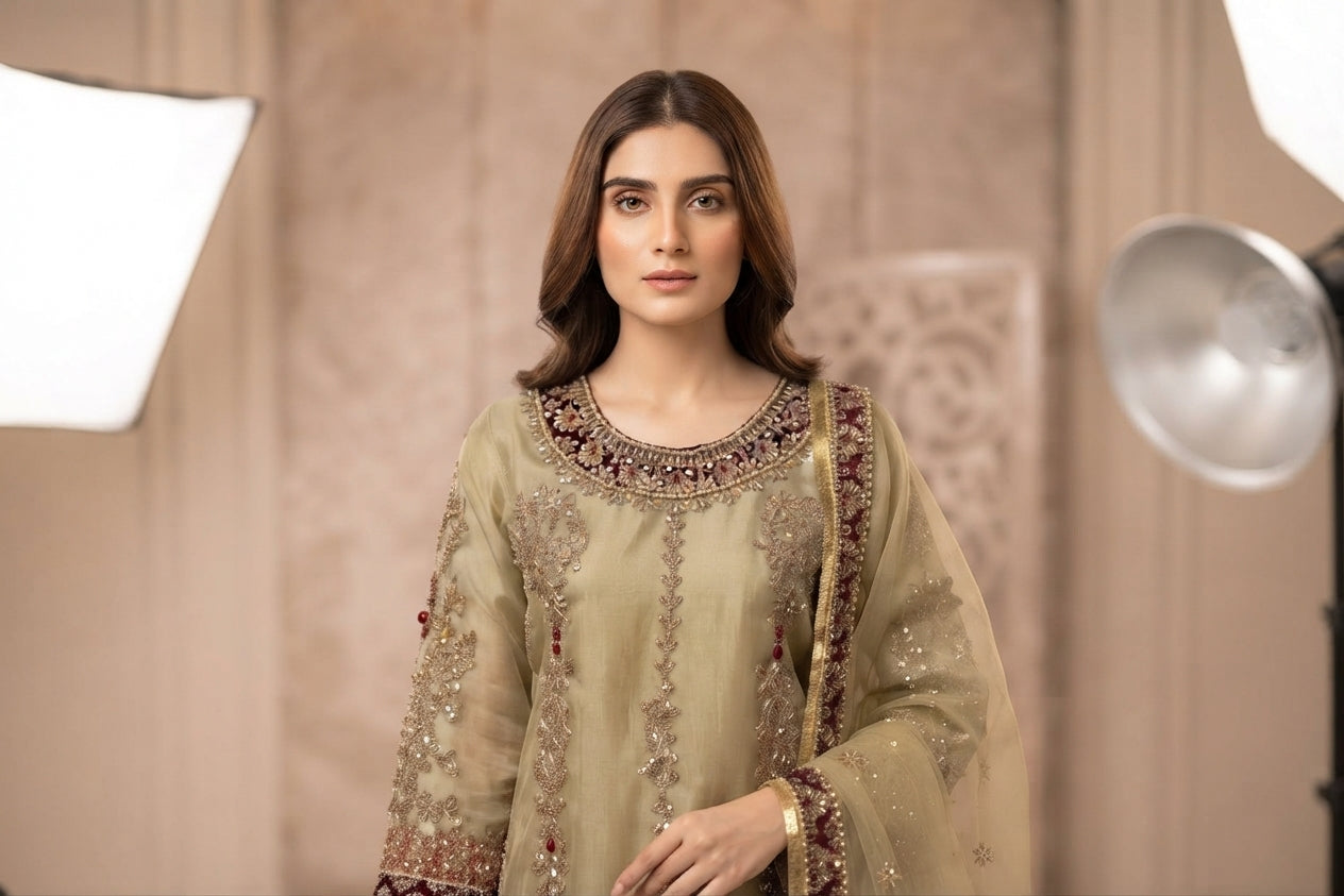 Olive Green Maroon Border Palazzo Suit