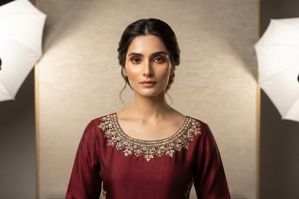 Maroon Gold Printed Gharara Suit