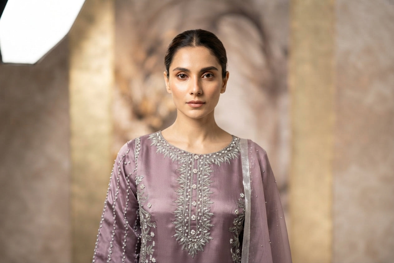 Mauve Satin Embroidered Palazzo Suit