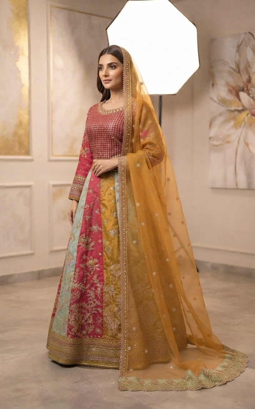 Multicolor Panelled Bridal Lehenga 3-Piece Set
