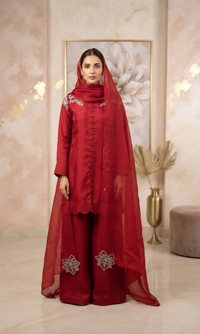 Crimson Red Button-Front Palazzo 3-Piece Suit