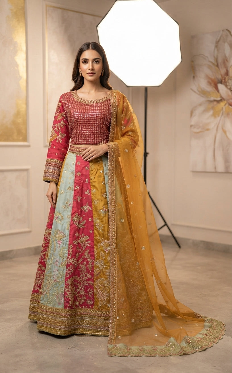 Multicolor Panelled Bridal Lehenga 3-Piece Set
