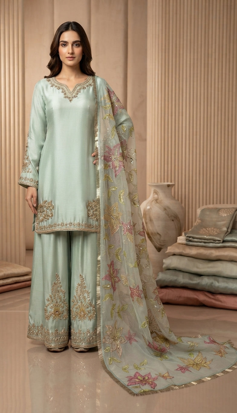 Mint Green Embroidered Sharara Suit