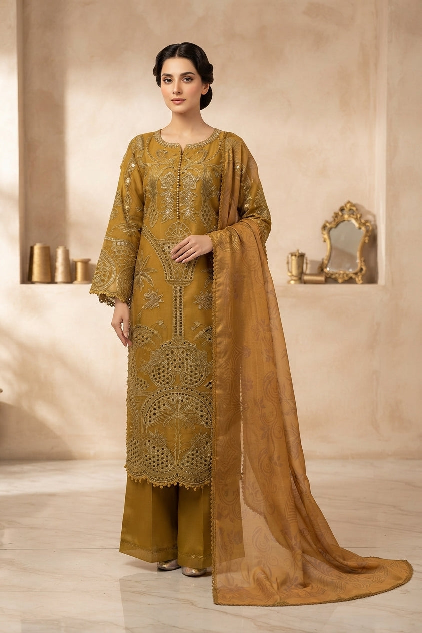 Mustard Gold Embroidered Palazzo 3-Piece Suit