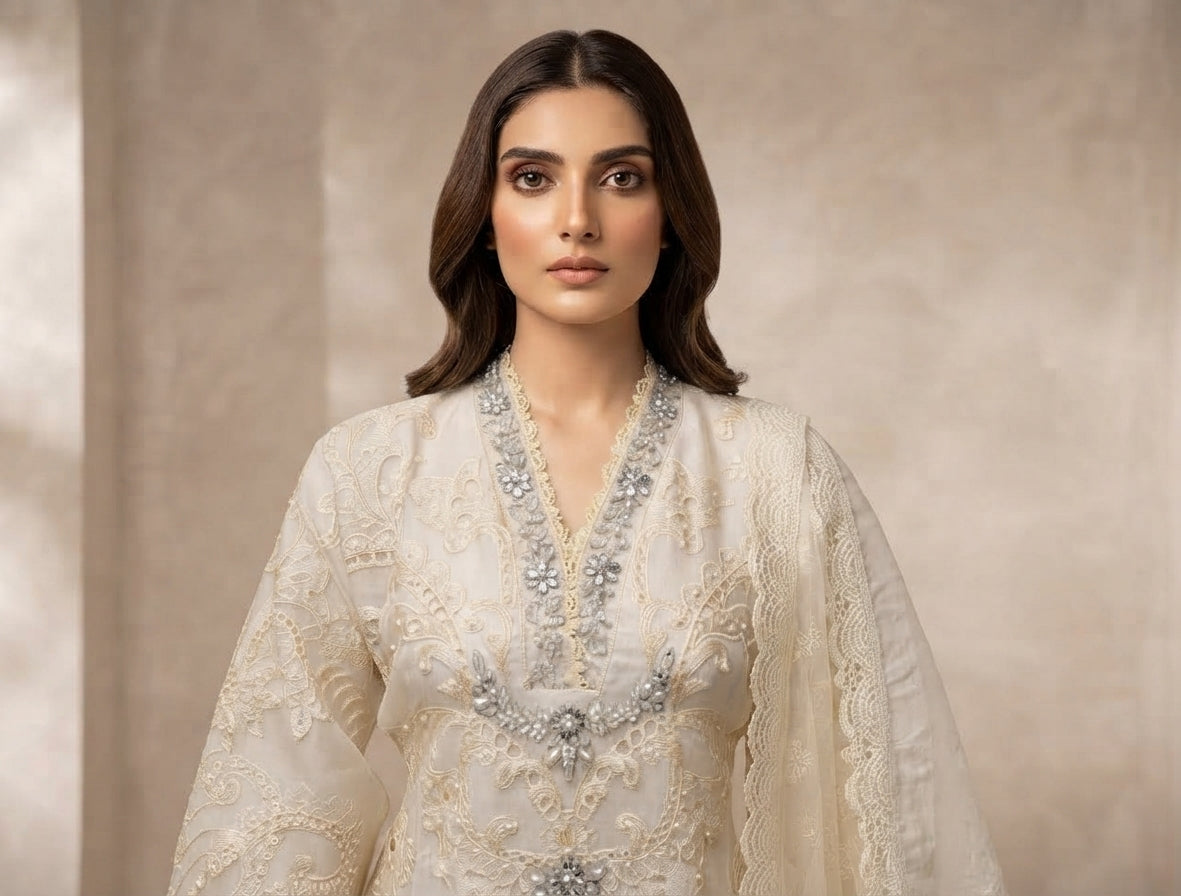 Ivory Pearl Neckline Embroidered 3-Piece Suit