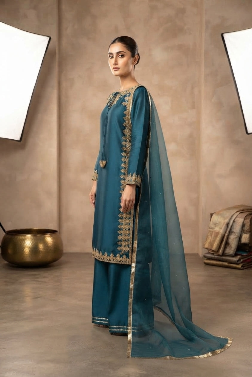 Teal Blue Embroidered Palazzo Suit