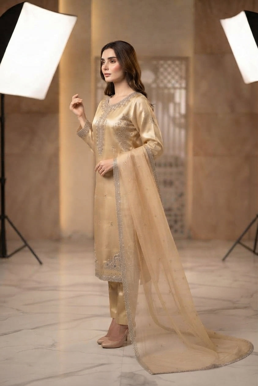 Golden Satin Straight Pants Suit