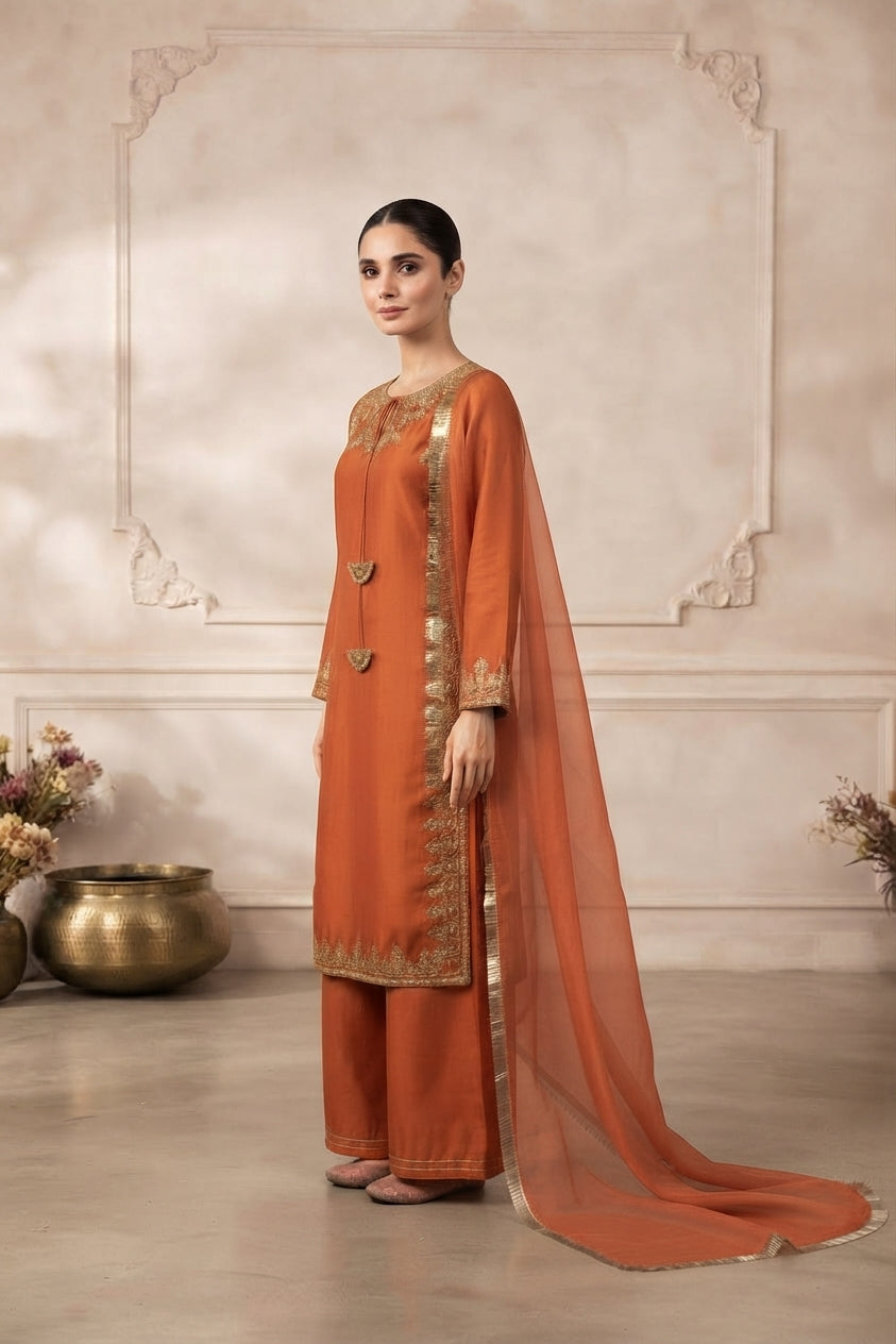 Rust Orange Embroidered Palazzo Suit