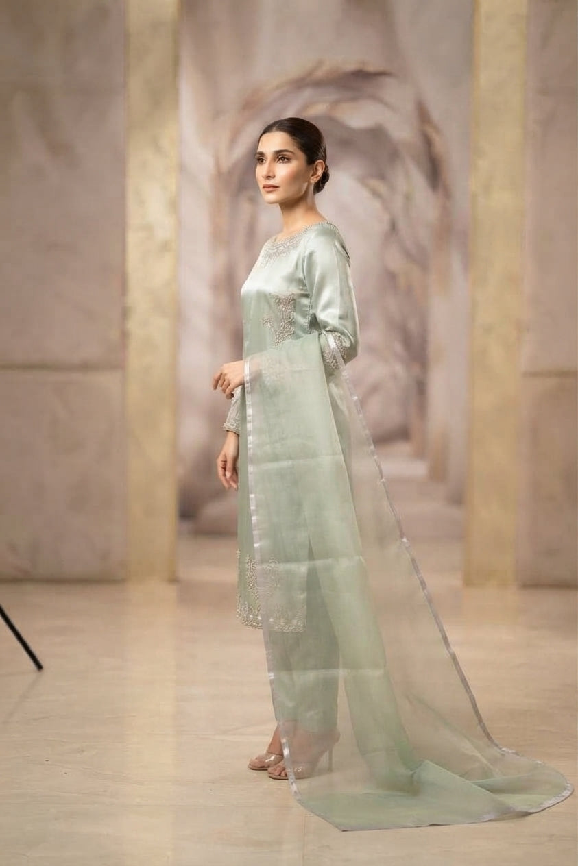 Mint Satin Straight Pants Suit