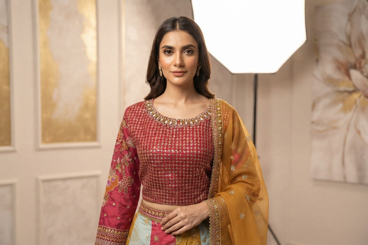 Multicolor Panelled Bridal Lehenga 3-Piece Set