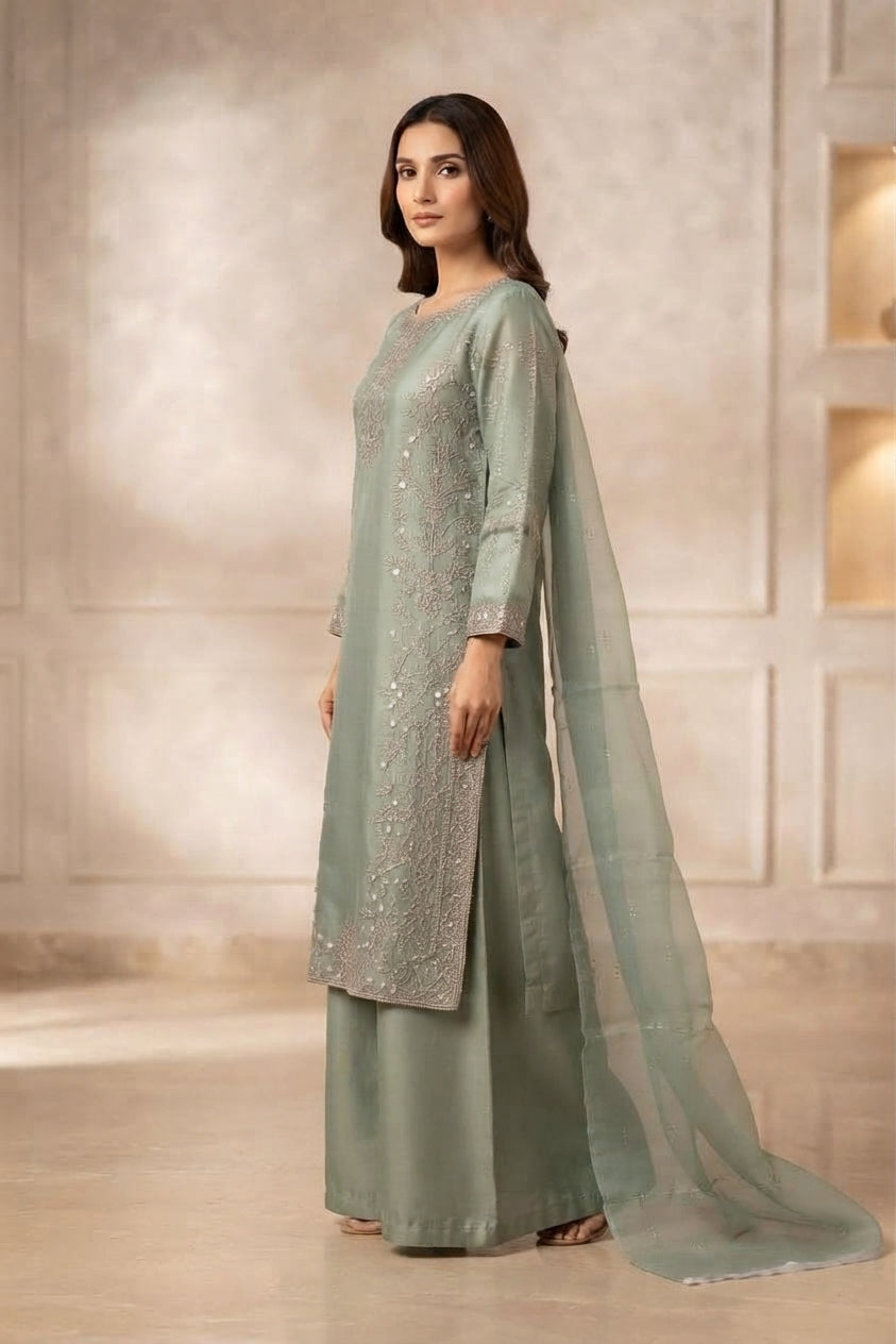 Sage Green Embroidered Palazzo Suit