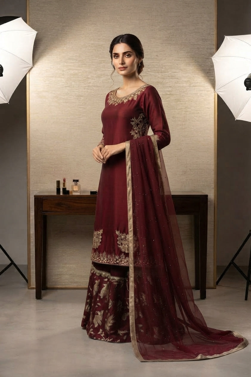 Maroon Gold Printed Gharara Suit