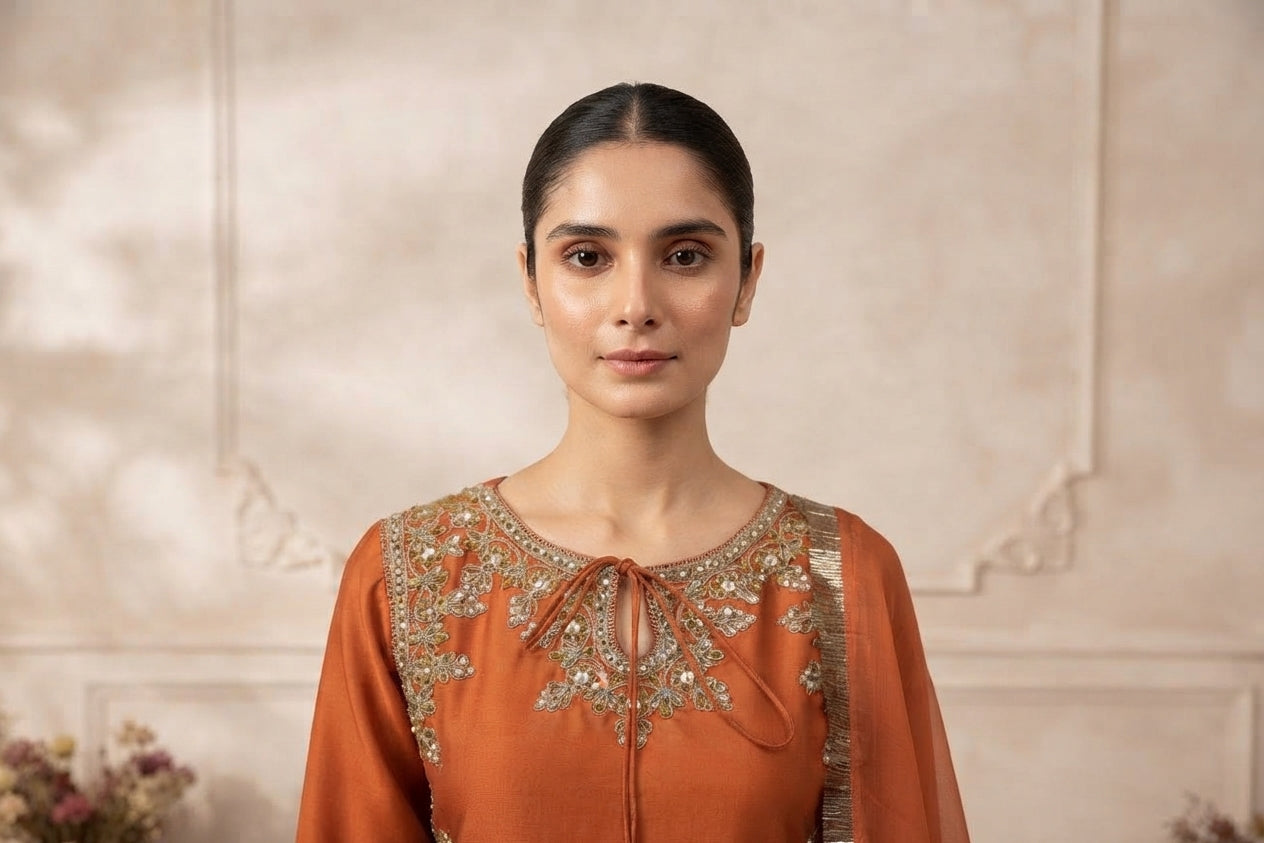 Rust Orange Embroidered Palazzo Suit