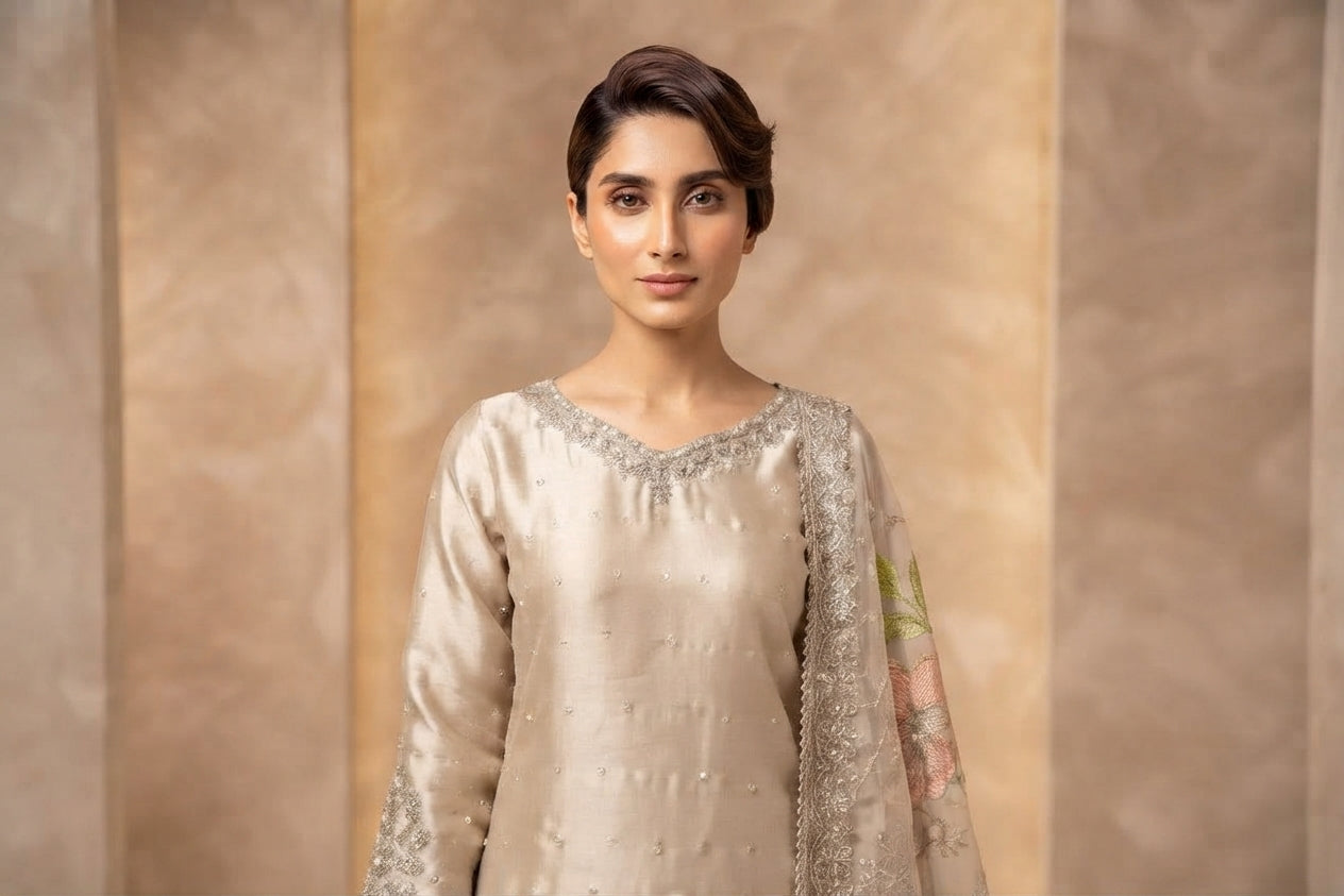 Champagne Gold Floral Dupatta Palazzo Suit