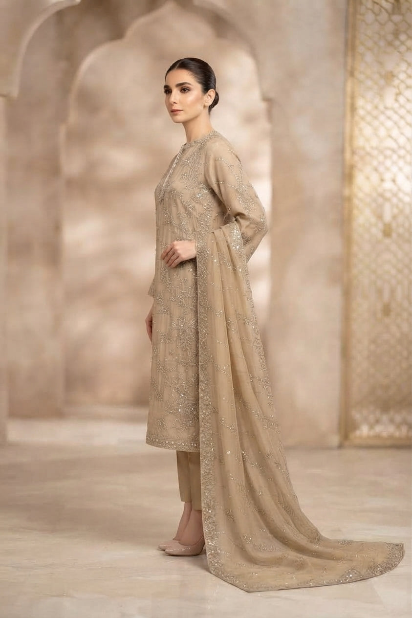 Sand Beige Beaded Straight Pants Suit