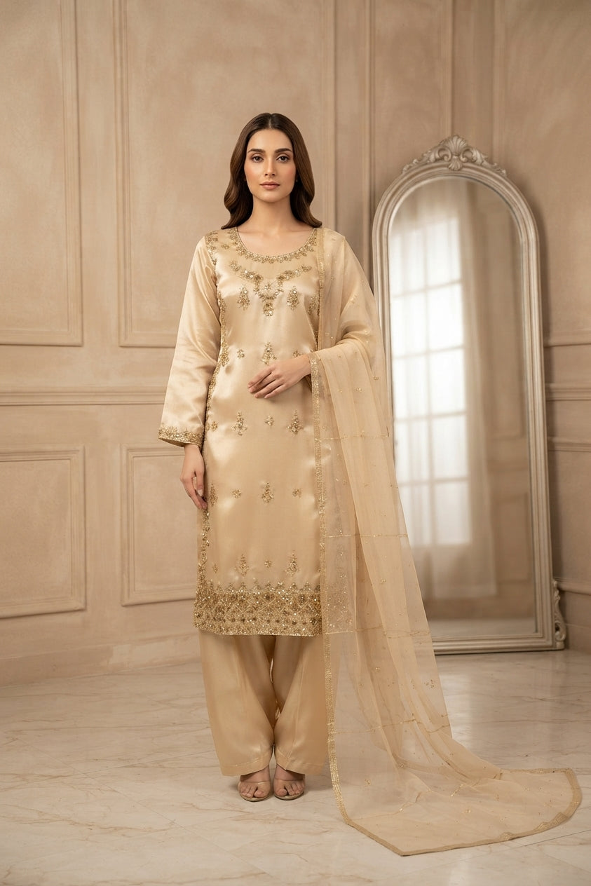 Golden Satin Embroidered Salwar Suit