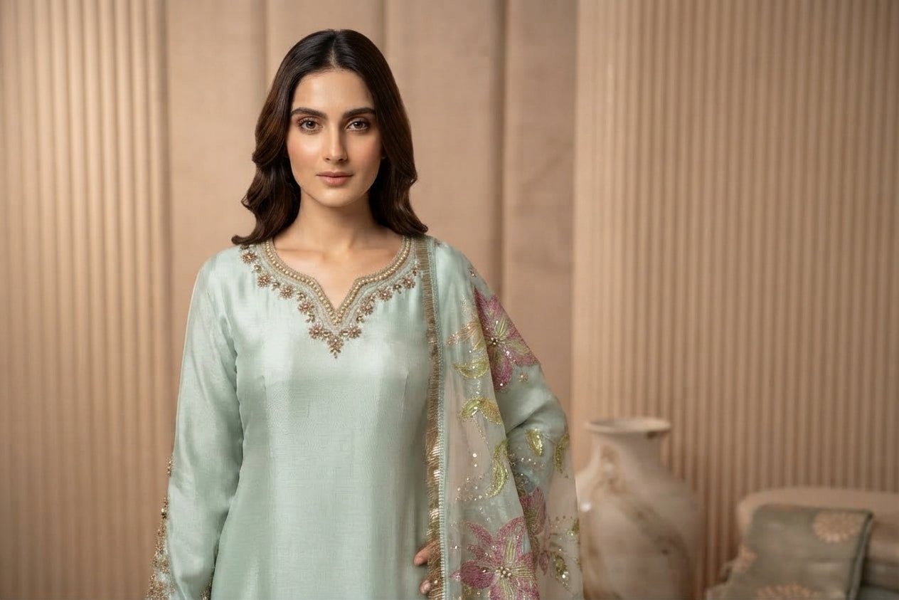 Mint Green Embroidered Sharara Suit