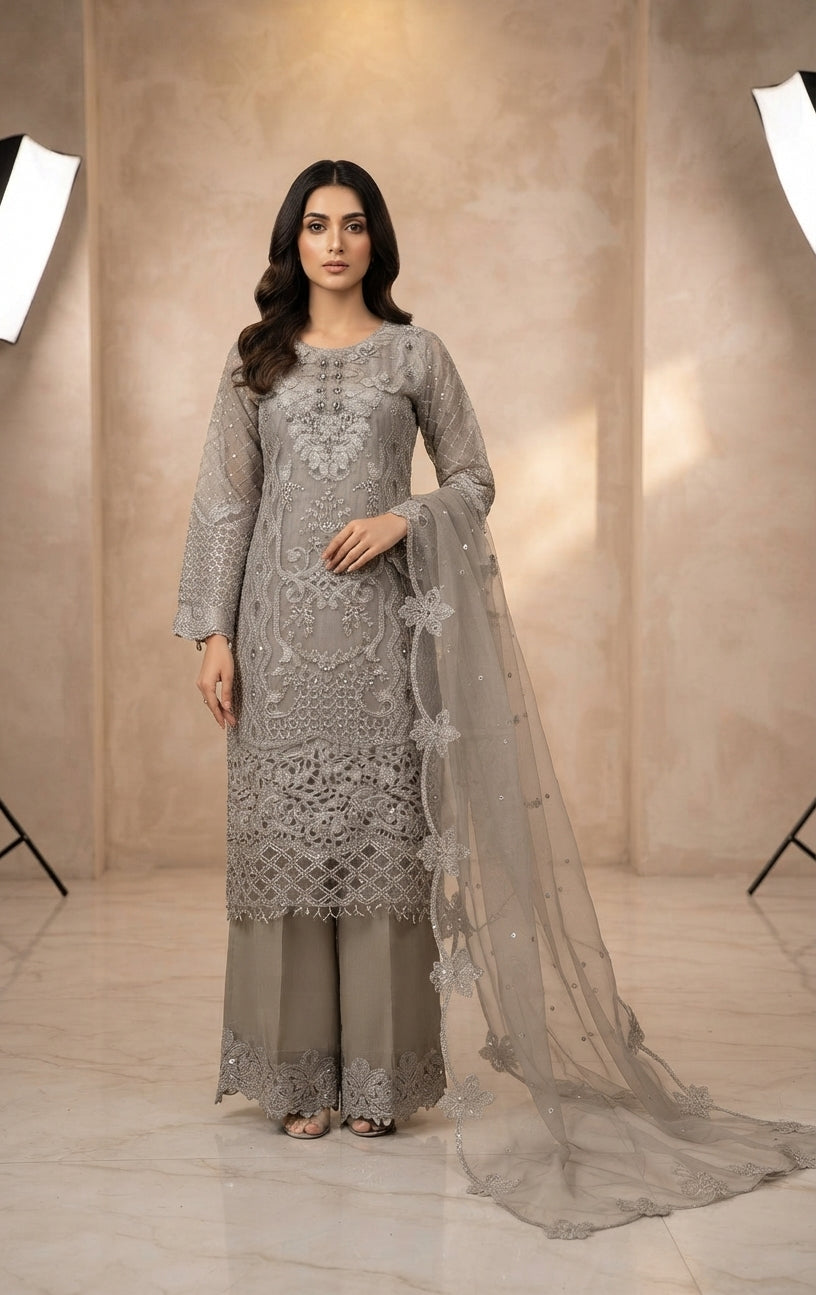 Slate Grey Organza Embroidered Palazzo 3-Piece Suit
