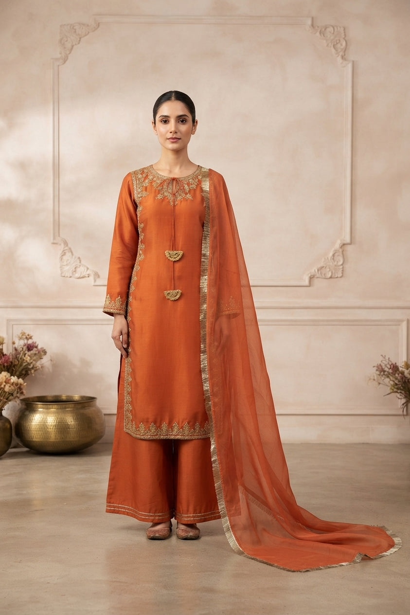 Rust Orange Embroidered Palazzo Suit