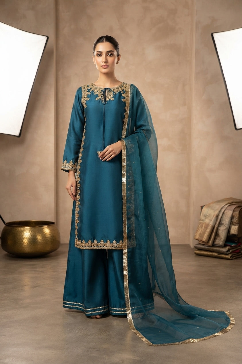 Teal Blue Embroidered Palazzo Suit