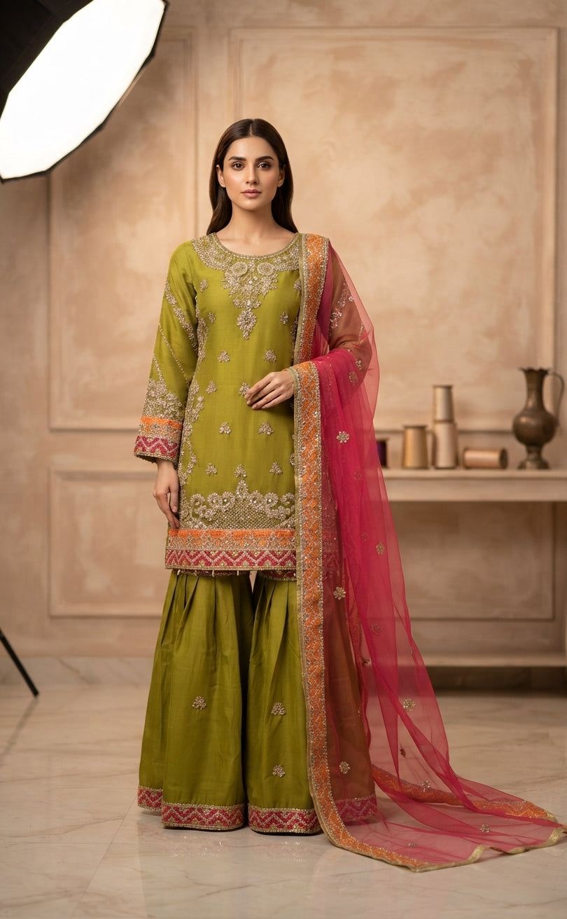 Mehndi Green Gharara 3-Piece Suit